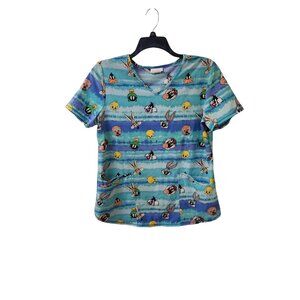 Scrubstar Looney Tunes Blue Green Scrub Top Women's Medium Bugs Tweety Taz